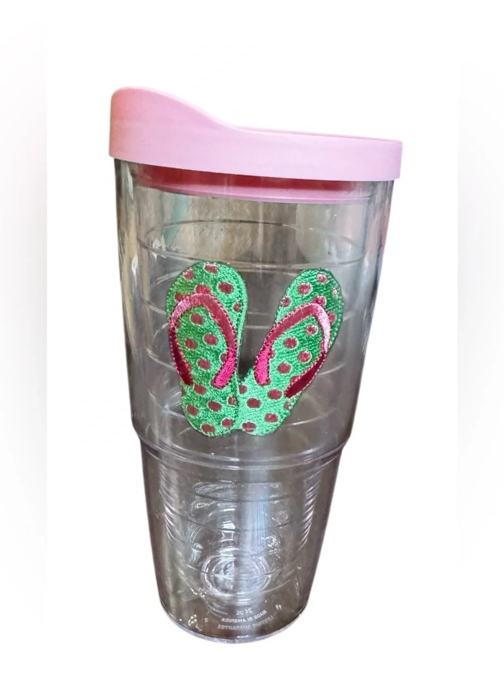 Tervis 24oz Tumbler Double Wall Insulated Clear Polka Dot Flip Flops Pink Green